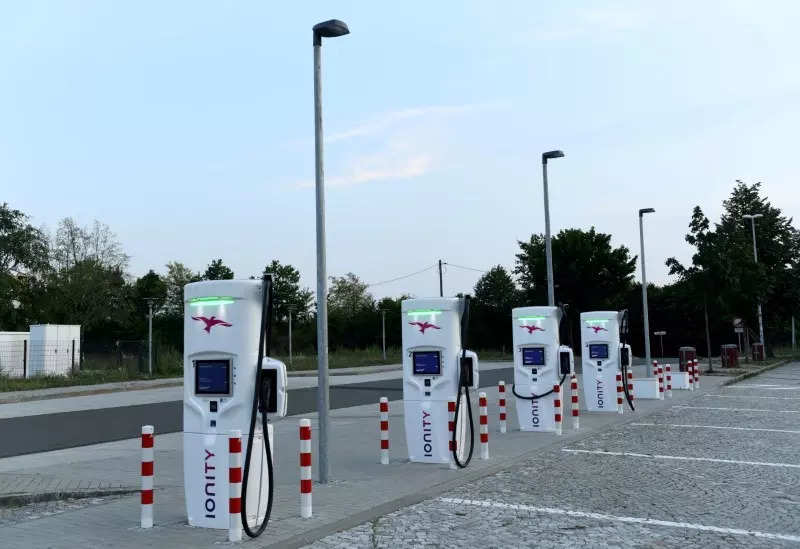 FILE PHOTO: An electric vehicle charging station is seen on a motorway service station near Dresden